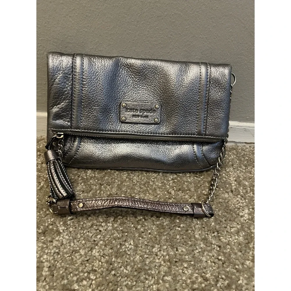 Kate Spade New York Metallic  Leather Pewter Bag Shoulder Chain Strap/clutch Y2k